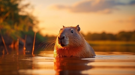 Capybara (Hydrochoerus hydrochaeris) swimming in water at sunsetの素材
