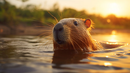 Coypu (Myocastor coypus) swimming in river at sunsetの素材