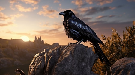 Black crow on a rock with sunset in the background. 3d renderの素材