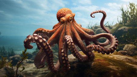 Octopus on the seabed in the sea. 3d illustrationの素材