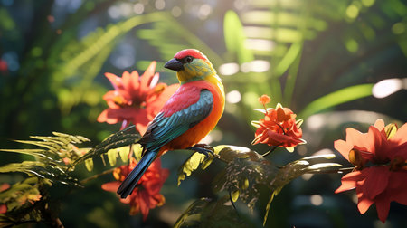 Colorful parrot sitting on a flower in a tropical garden.の素材