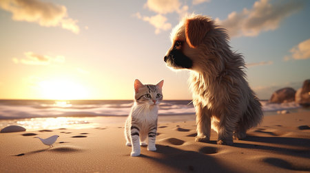 Cat and dog on the beach at sunset. Pet care concept.の素材