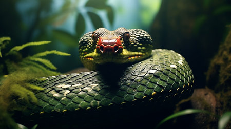 Close-up of a snake in the green forest. The snake is looking at the camera.の素材