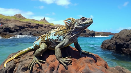 3D CG rendering of iguana on the rocks at the beachの素材