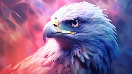 Eagle portrait. 3D render of an eagle head on a colorful background.の素材