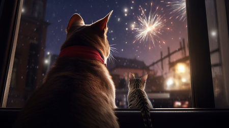 Cat and firework on the background of the window at night.の素材