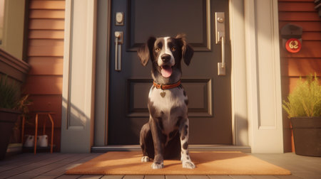 Cute black and white dog standing on the doorstep of the houseの素材