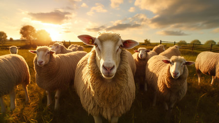 Sheep in a meadow at sunset, close-up.の素材