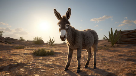 Donkey in the desert at sunset. 3d render illustration.の素材