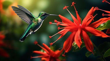 Hummingbird with red flower in the garden. Wildlife scene from tropics.の素材