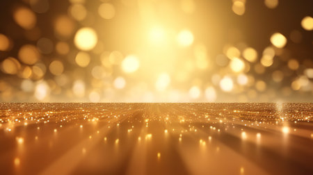 Golden glitter bokeh lights abstract background. 3d render illustrationの素材