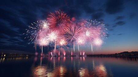 Colorful fireworks of various colors over night sky with reflection on waterの素材