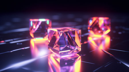 3d rendering. Glowing cubes on dark background. Futuristic background.の素材