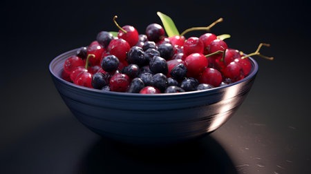 Cherries and blueberries in a bowl on a black backgroundの素材