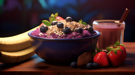 Bowl of oatmeal with berries and smoothie on wooden tableの素材