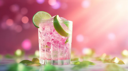 Cocktail with lime and mint on a pink background. 3d illustrationの素材