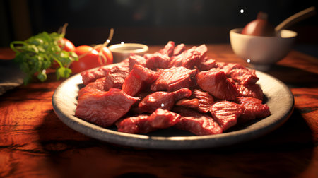 Sliced raw beef on a plate in a restaurant, selective focusの素材