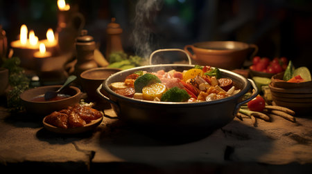 Close up of traditional chinese food in pot on wooden table.の素材