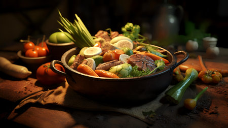 Vietnamese beef stew with vegetables and herbs in a clay potの素材