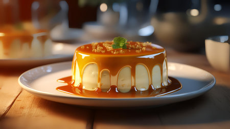Panna cotta with caramel sauce on wooden table, closeupの素材