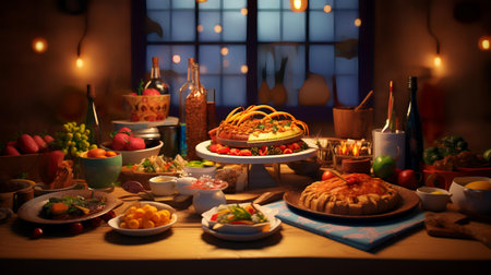 Easter table setting with traditional dishes, food and drinks at homeの素材