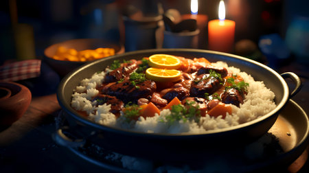 Pork with rice on a dark background. Selective focus.の素材
