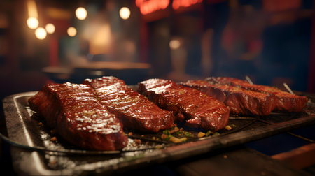 Beef steaks on a grill in a restaurant. Selective focus.の素材