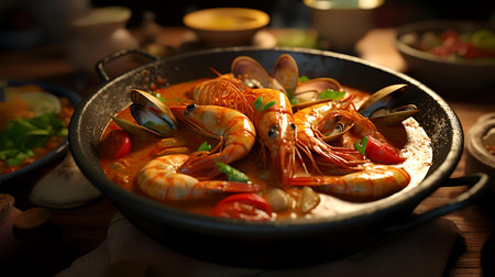 Seafood soup with shrimps and mussels in a panの素材