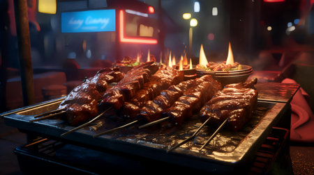 Barbecued pork ribs on a barbecue grill in the night.の素材