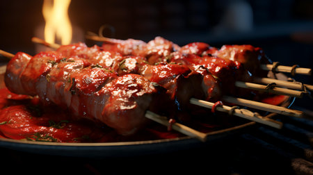 Skewers of pork cooked on a barbecue grill in a restaurantの素材