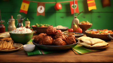 Traditional mexican food with meatballs and rice on wooden tableの素材
