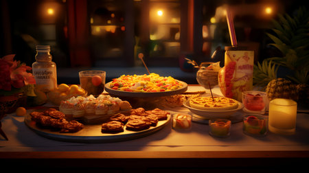 Table with food for Diwali or Deepawali celebration in Indiaの素材