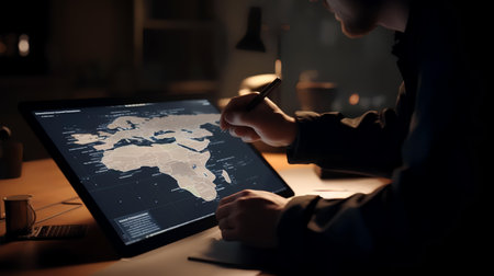Man working on laptop in dark room with map of the world.の素材