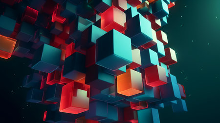 3d illustration of abstract geometric background with cubes in blue and red colorsの素材
