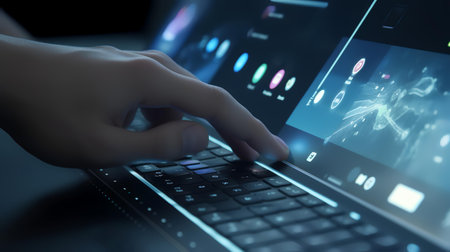 Close up of hand typing on laptop keyboard with glowing digital hologramの素材