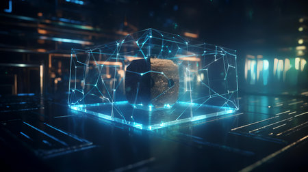 3d rendering of a hologram of a padlock on a dark backgroundの素材