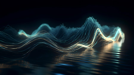 3d illustration of abstract digital sound waves on dark background with reflectionの素材