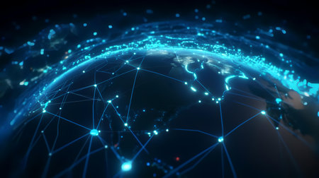 Global network connection over world map. 3D rendering and illustration.の素材