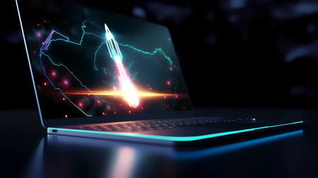 Close up of laptop with glowing arrow on screen. 3D renderingの素材