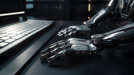 Robot humanoid hand working on a laptop computer. 3d renderingの素材