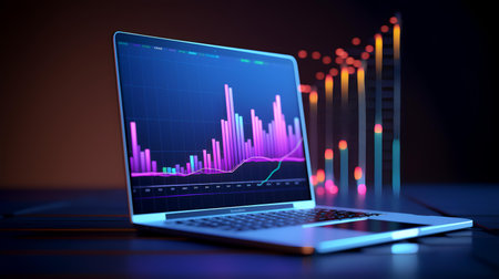 Laptop with glowing forex chart on screen. 3d renderingの素材