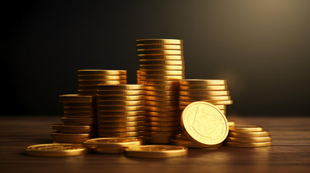 Stack of gold coins on wooden table and dark background. Business and finance concept.の素材