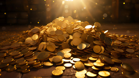 Gold coins scattered on the floor in the light of the setting sun.の素材