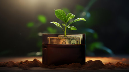 Small plant growing out of a brown leather wallet with dollar bills on a dark backgroundの素材