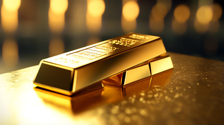 Gold bars on golden background. 3D rendering. Horizontal.の素材