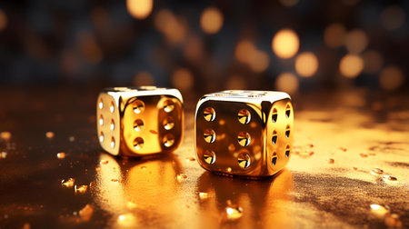 golden dice with bokeh background, 3d render illustrationの素材