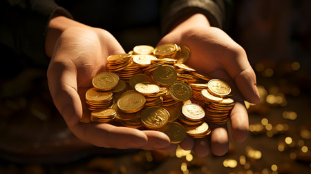Gold coins in female hands, close-up. Saving money conceptの素材