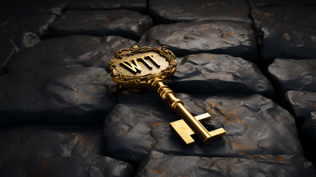 Key to success - 3D render of gold key on a stone backgroundの素材
