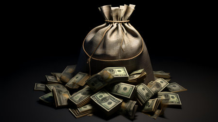 Bag full of money on a black background. 3d illustrationの素材