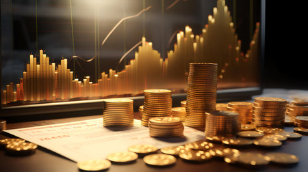 gold coin stack with stock market graph on the screen. business and finance concept.の素材